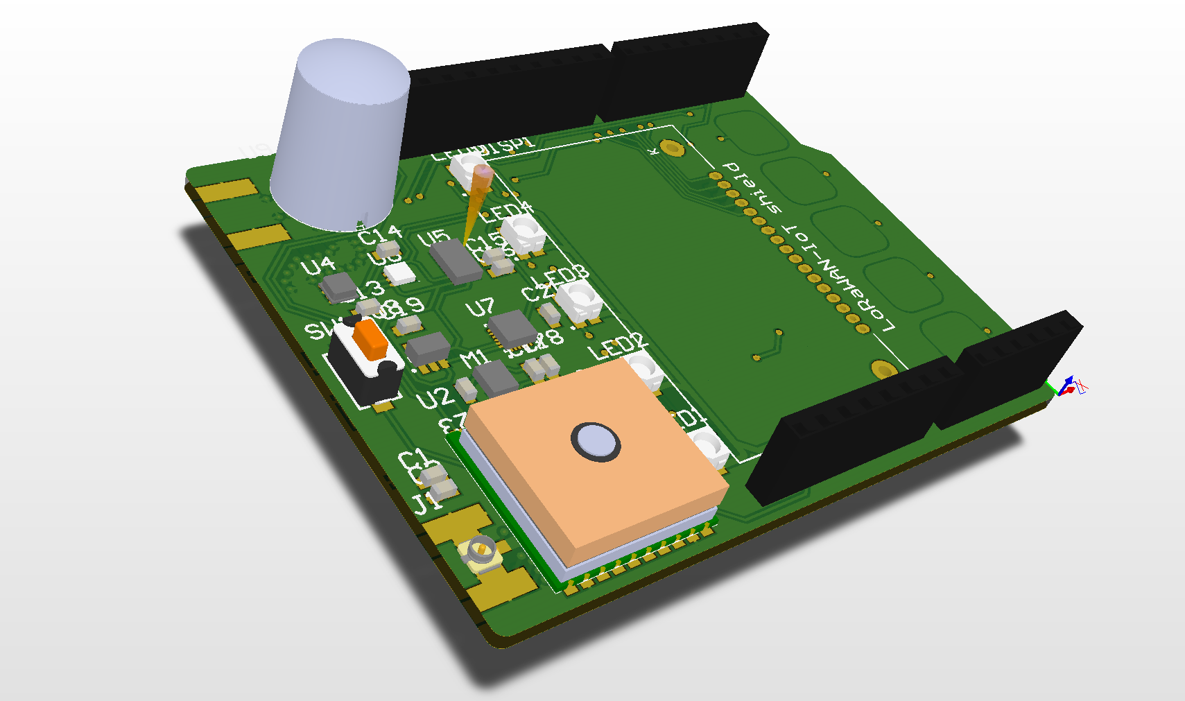 PCB render of LoRaWAN IoT Shield